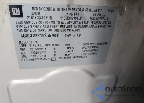 2009 Saturn Vue Xe z USA, uszkodzony, nr VIN 3GSCL33P19S567956